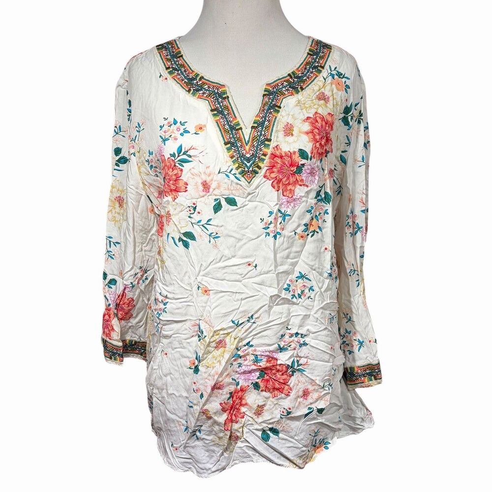 Linda Anderson Boho Tunic Blouse L White Coral Aqua Embroidered V-Neck Floral